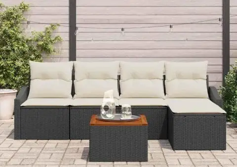 Set de canapea pentru grădină, 6 piese, cu perne, din poly rattan negru și acacia - 3/5
