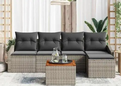 Set de Canapele pentru Grădină cu 6 Piese și Perne Gri din Ratan Lucios și Lemn de Acacia - 3/5