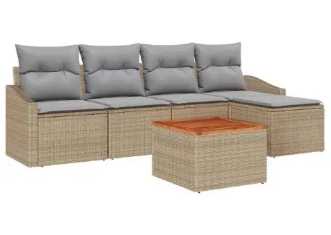 Set canapea grădină 6 piese cu perne din rattan polietilic bej și acacia - 2/5