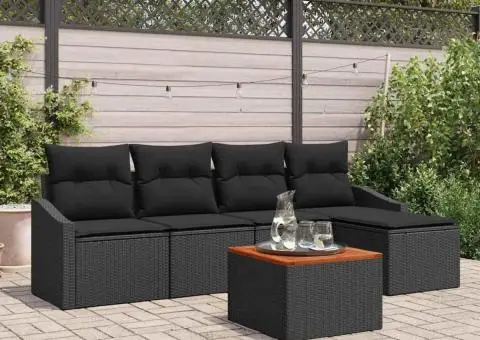 Set de canapea de grădină cu 6 piese și perne, Negru, Poli Rattan, Acacia - 1/5