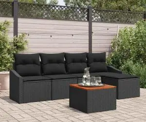 Set de canapea de grădină cu 6 piese și perne, Negru, Poli Rattan, Acacia