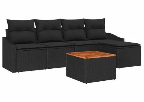 Set de canapea de grădină cu 6 piese și perne, Negru, Poli Rattan, Acacia - 2/5