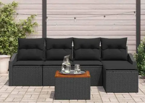 Set de canapea de grădină cu 6 piese și perne, Negru, Poli Rattan, Acacia - 3/5