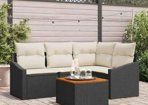 Set de canapea pentru grădină, 5 piese, , cu perne din rattan poli, negru, acacia. - 1/5