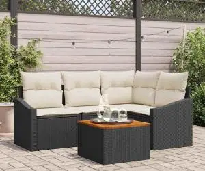 Set de canapea pentru grădină, 5 piese, , cu perne din rattan poli, negru, acacia.