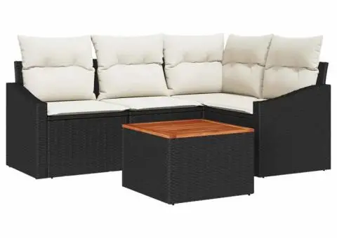 Set de canapea pentru grădină, 5 piese, , cu perne din rattan poli, negru, acacia. - 2/5