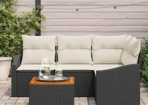 Set de canapea pentru grădină, 5 piese, , cu perne din rattan poli, negru, acacia. - 3/5