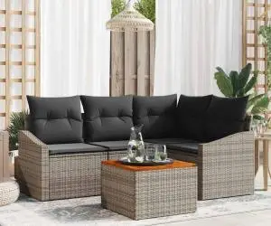 Set de canapea în 5 piese cu perne gri, din rattan poliester și acacia.