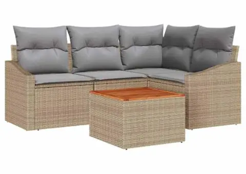 Set de canapea de gradina cu 5 piese, perne bej din ratan polițat și acacia. - 2/5