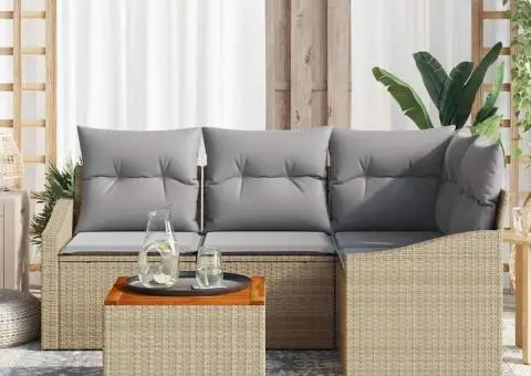 Set de canapea de gradina cu 5 piese, perne bej din ratan polițat și acacia. - 3/5