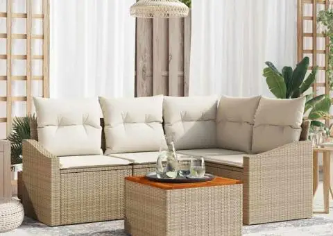 Set de canapele de grădină în 5 piese cu perne, Bej, din ratan sintetic, Acacia - 1/5