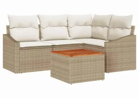 Set de canapele de grădină în 5 piese cu perne, Bej, din ratan sintetic, Acacia - 2/5