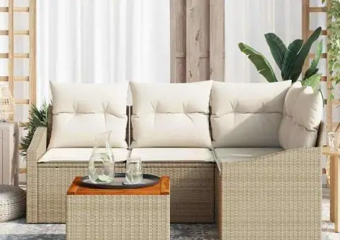 Set de canapele de grădină în 5 piese cu perne, Bej, din ratan sintetic, Acacia - 3/5