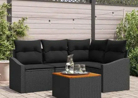 Set de canapea de grădină cu 5 piese și perne, negru, din ratan sintetic și acacia - 1/5