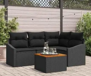 Set de canapea de grădină cu 5 piese și perne, negru, din ratan sintetic și acacia