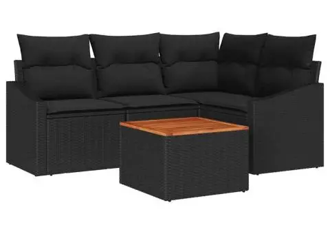 Set de canapea de grădină cu 5 piese și perne, negru, din ratan sintetic și acacia - 2/5