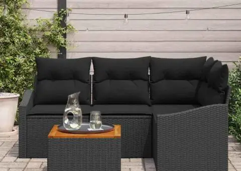 Set de canapea de grădină cu 5 piese și perne, negru, din ratan sintetic și acacia - 3/5