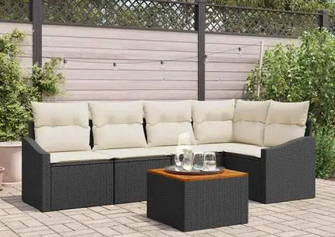 Set de canapea de grădină cu 6 piese și perne, negru, din rattan sintetic și masă din acacia - 1/5