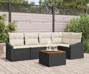 Set de canapea de grădină cu 6 piese și perne, negru, din rattan sintetic și masă din acacia