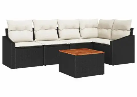 Set de canapea de grădină cu 6 piese și perne, negru, din rattan sintetic și masă din acacia - 2/5