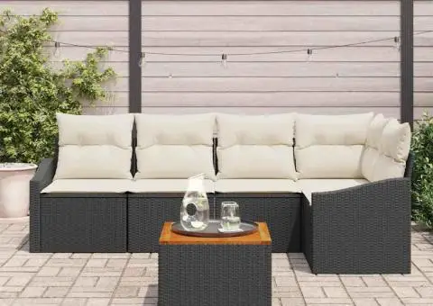 Set de canapea de grădină cu 6 piese și perne, negru, din rattan sintetic și masă din acacia - 3/5