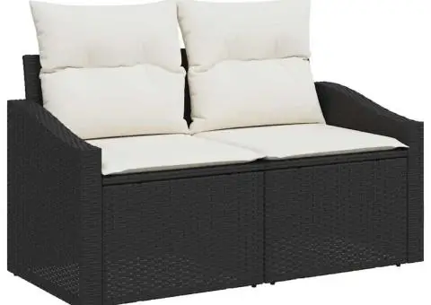 Set de canapea de grădină cu 6 piese și perne, negru, din rattan sintetic și masă din acacia - 4/5