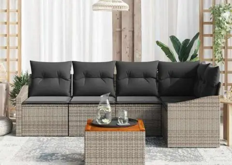 Set de canapea pentru grădină, 6 piese, cu perne gri din rattan și acacia - 3/5