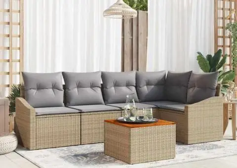 Set de canapea de grădină de 6 piese cu perne bej din rattan și lemn de acacia - 1/5
