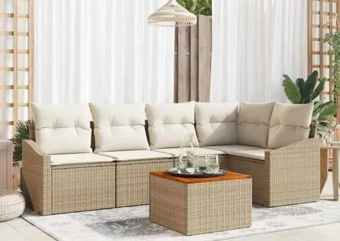 Set de canapea de grădină , 6 piese cu perne bej din ratan poliesteric și acacia - 1/5