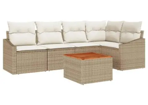 Set de canapea de grădină , 6 piese cu perne bej din ratan poliesteric și acacia - 2/5