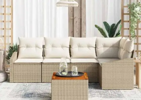 Set de canapea de grădină , 6 piese cu perne bej din ratan poliesteric și acacia - 3/5