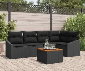 vidaXL Set de canapele de grădină cu 6 piese, perne incluse, din ratan negru și masă din acacia
