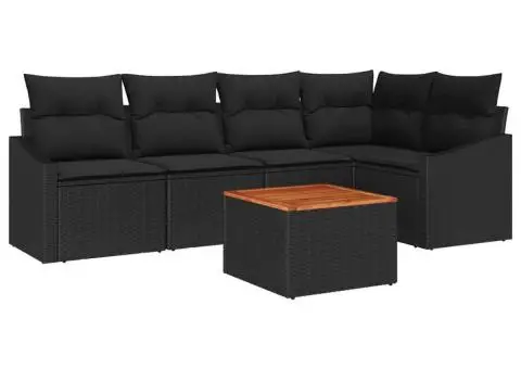 Set de canapele de grădină cu 6 piese, perne incluse, din ratan negru și masă din acacia - 2/5