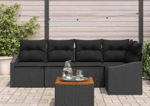 Set de canapele de grădină cu 6 piese, perne incluse, din ratan negru și masă din acacia - 3/5