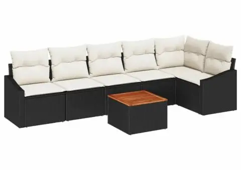 Set canapele grădină 7 piese cu perne, ratan poly negru, acacia - 2/5