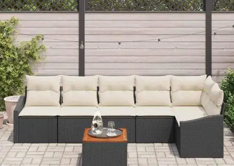 Set canapele grădină 7 piese cu perne, ratan poly negru, acacia - 3/5