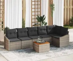 Set de grădină cu 7 piese, scaune și canapea cu perne gri din ratan sintetic și acacia