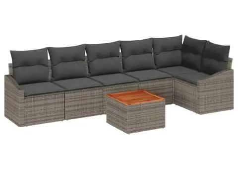 Set de grădină cu 7 piese, scaune și canapea cu perne gri din ratan sintetic și acacia - 2/5