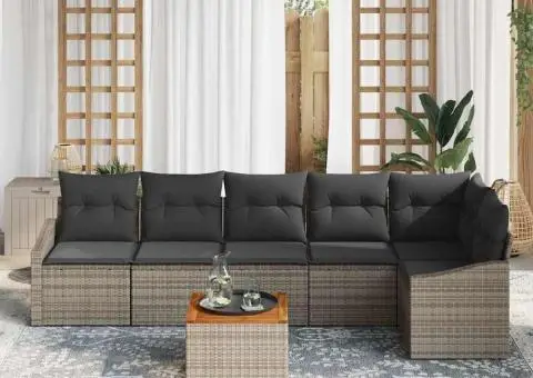 Set de grădină cu 7 piese, scaune și canapea cu perne gri din ratan sintetic și acacia - 3/5