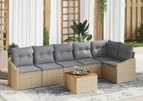 Set de canapele de grădină 7 piese cu perne bej din ratan poliesteric și lemn de acacia - 1/5