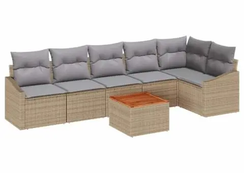 Set de canapele de grădină 7 piese cu perne bej din ratan poliesteric și lemn de acacia - 2/5