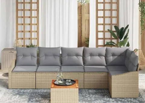 Set de canapele de grădină 7 piese cu perne bej din ratan poliesteric și lemn de acacia - 3/5