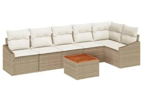 Set canapea de grădină 7 piese cu perne Bej din ratan sintetic și acacia - 2/5