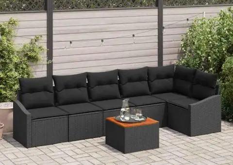 Set de canapea de grădină din 7 piese, cu perne, din rattan negru lucios și lemn de acacia. - 1/5