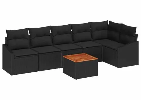 Set de canapea de grădină din 7 piese, cu perne, din rattan negru lucios și lemn de acacia. - 2/5