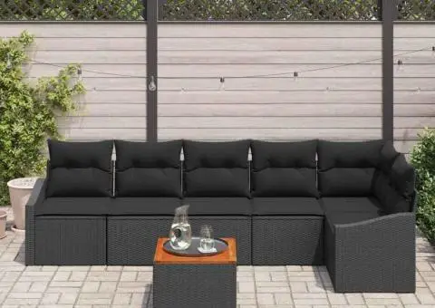 Set de canapea de grădină din 7 piese, cu perne, din rattan negru lucios și lemn de acacia. - 3/5