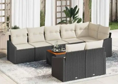 Set canapea grădină 9 piese cu perne, rattan negru, acacia. - 1/5