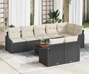 Set canapea grădină 9 piese cu perne, rattan negru, acacia.