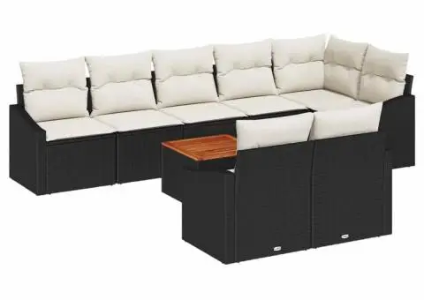 Set canapea grădină 9 piese cu perne, rattan negru, acacia. - 2/5