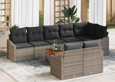 Set de canapele de grădină, 9 piese, cu perne gri din rattan și acacia - 1/5